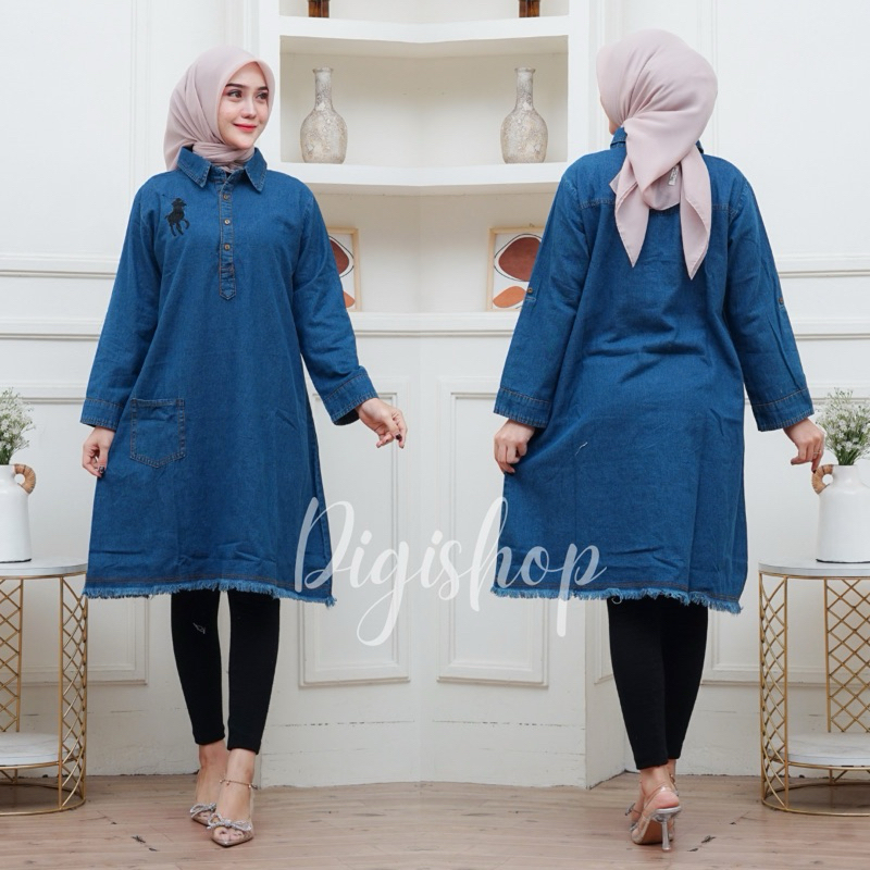Dress Tunik jeans Wanita Lengan Panjang
