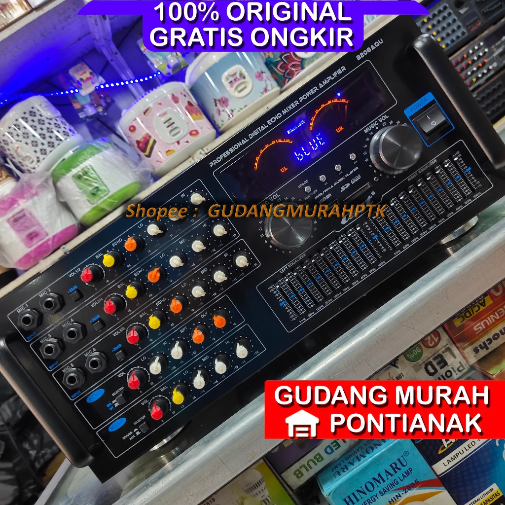 Amplifier DAT JUMBO POWER Bluetooth Original + 6 Mic Mixer Digital Echo Mixing Equalizer B 208 AQU