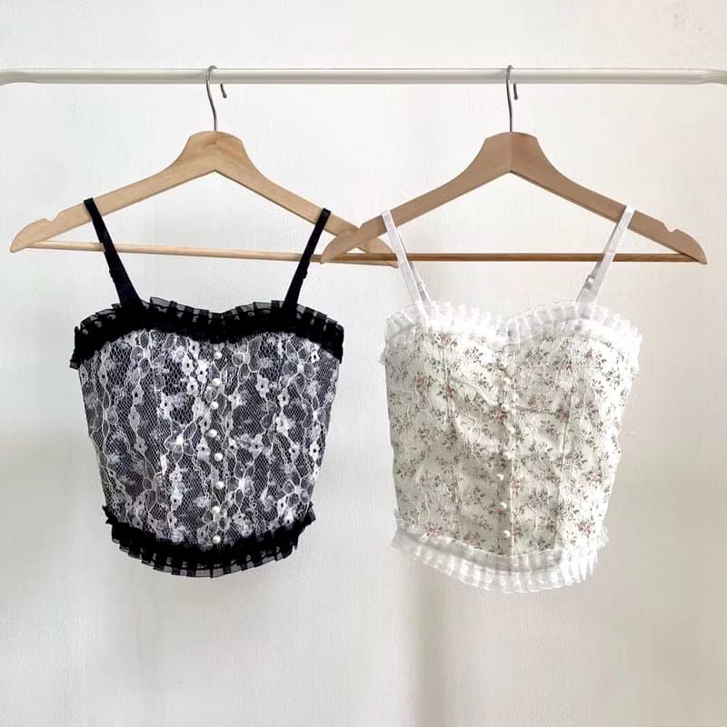 Brasay Korean Lace Pearl Floral Tank Top Atasan Wanita All Size