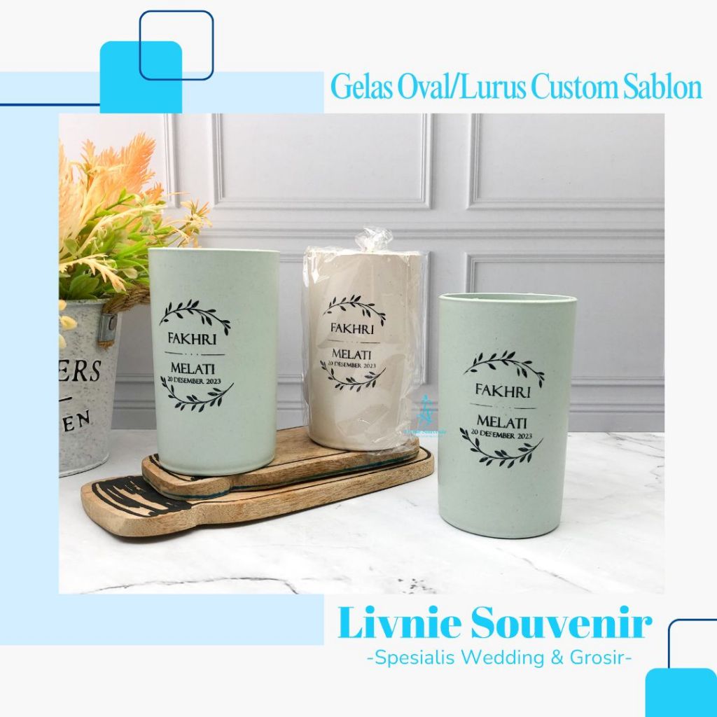 Souvenir Gelas Lokal Plastik Oval/Lurus Custom Sablon Kemas Plastik