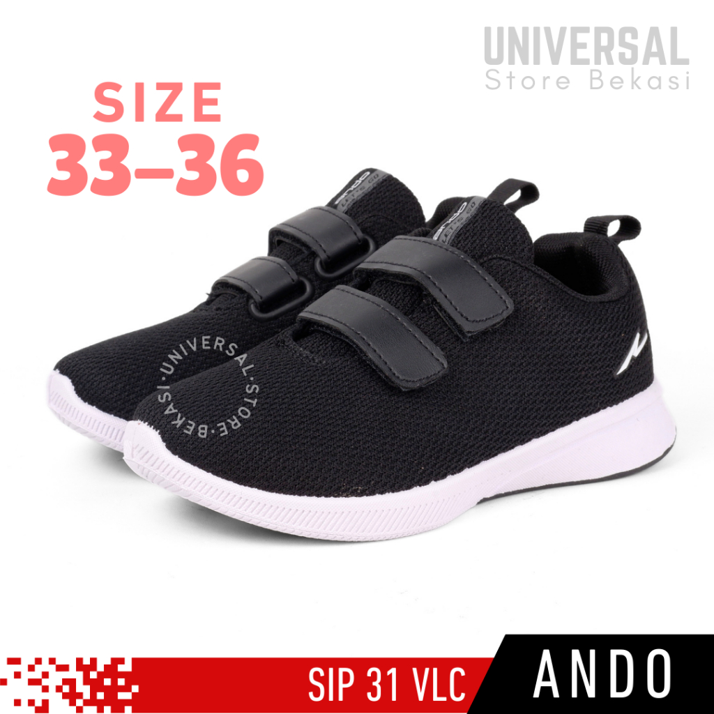 Sepatu Sekolah Anak Laki Perempuan SD TK Kelas 1 2 3 4 Ando SIP 31Hitam Putih Perekat Size 33-36
