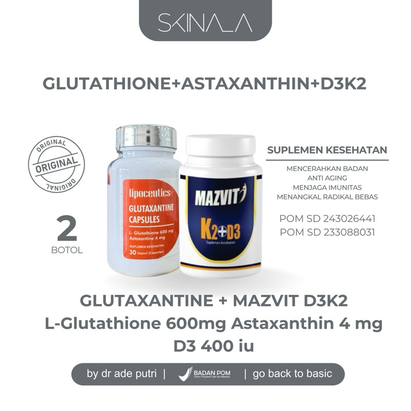 BUNDLING SUPLEMEN GLUTAXANTHINE VIT D3K2 L Glutathione 600mg Astaxanthin 4mg D3 K2