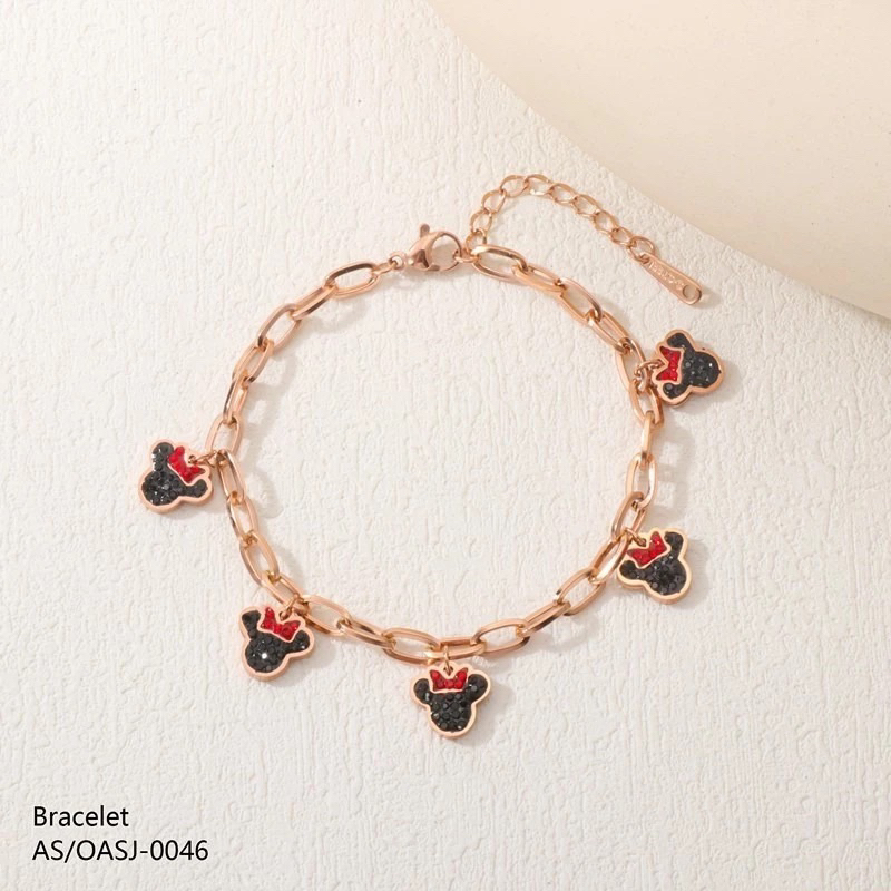 Gelang Tangan Titanium Asli Anti Karat Tidak Alergi Mickey Mouse Permata Dewasa & Anak Rosegold