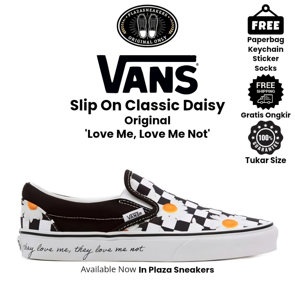 Sepatu Vans Slip On Classic Daisy Love Me Love Me Not True White Pria Wanita Sneakers Original