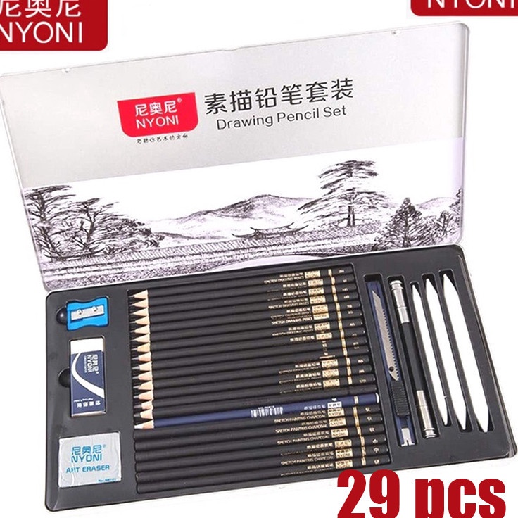 

Borong Hemat Nyoni Drawing Pencil Gambar Set 29pcs Metal Tin Box Pensil Gambar Lukis Sketsa Lengkap Paket