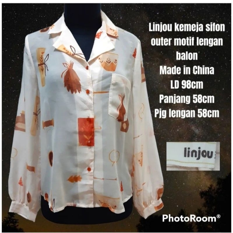 Linjou kemeja outer wanita sifon motif lengan balon