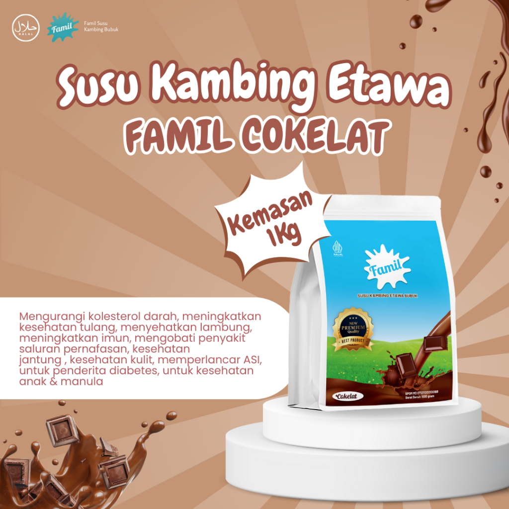 

Susu Kambing Etawa Bubuk Murni Rasa Cokelat 1000 gram / 1Kg Susu Etawa Famil Halal Aman Dikonsumsi Semua Usia Untuk Imun Tubuh