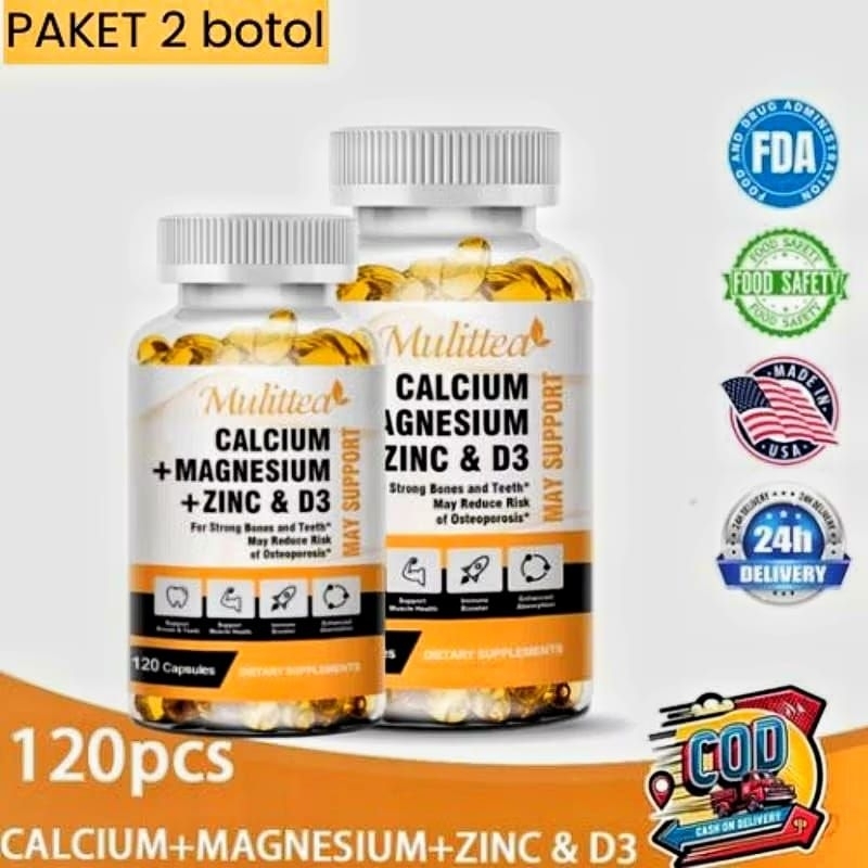(Paket 2 Botol) Mulittea Calsium Magnesium Zinc Vitamin D3 Kapsul 120pcs