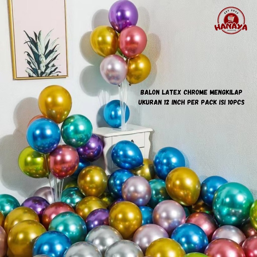 12 Inch Balon Latex Chrome Mengkilap Harga Per Pack Warna Lengkap / Untuk Acara Ulang Tahun / Wisuda