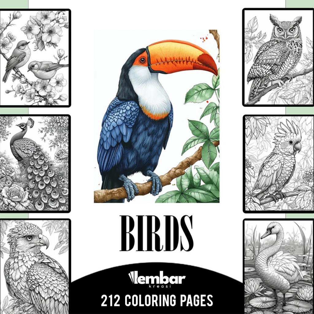 

212 Pages Buku Mewarnai Dewasa - Printable Adult Coloring Book - Digital Download - Premium Birds