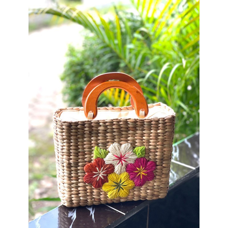 Cotho Tas anyaman Enceng kotak mini sulam handle kayu eceng round handbag gift embroider