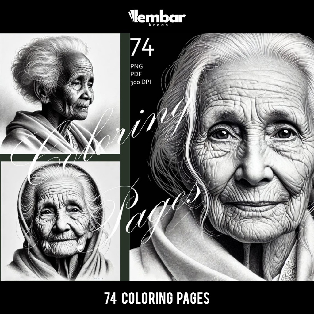 

74 Pages Buku Mewarnai Dewasa - Printable Adult Coloring Book - Digital Download - Old Woman