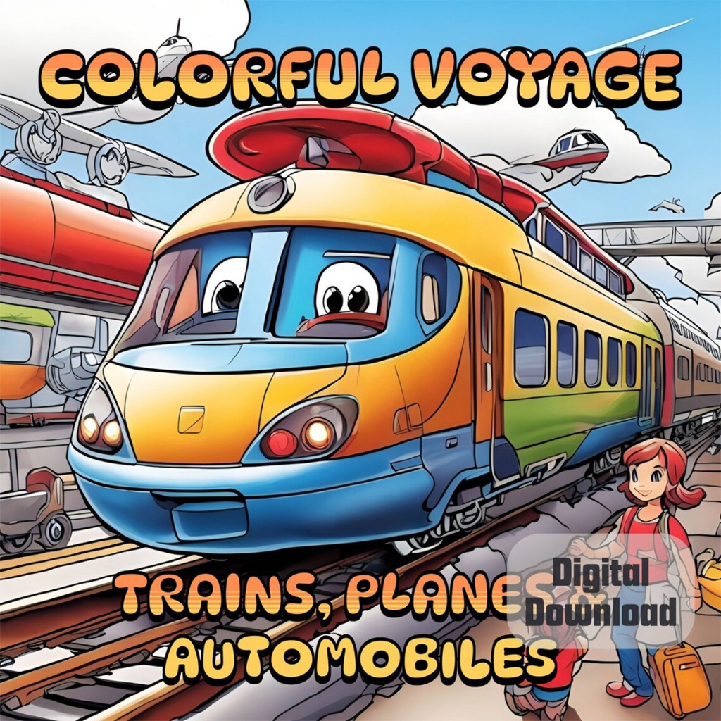 

26 Pages Buku Mewarnai Anak - Printable Kids Coloring Book - Digital Download - Trains Planes