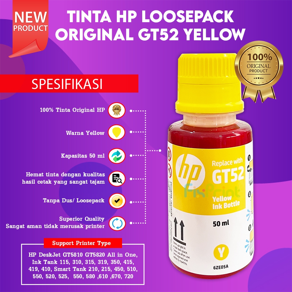 FixPrint Tinta Refill Original GT52 50ml Cyan Magenta Yellow Printer Ink Tank 115 310 315 319 350 41