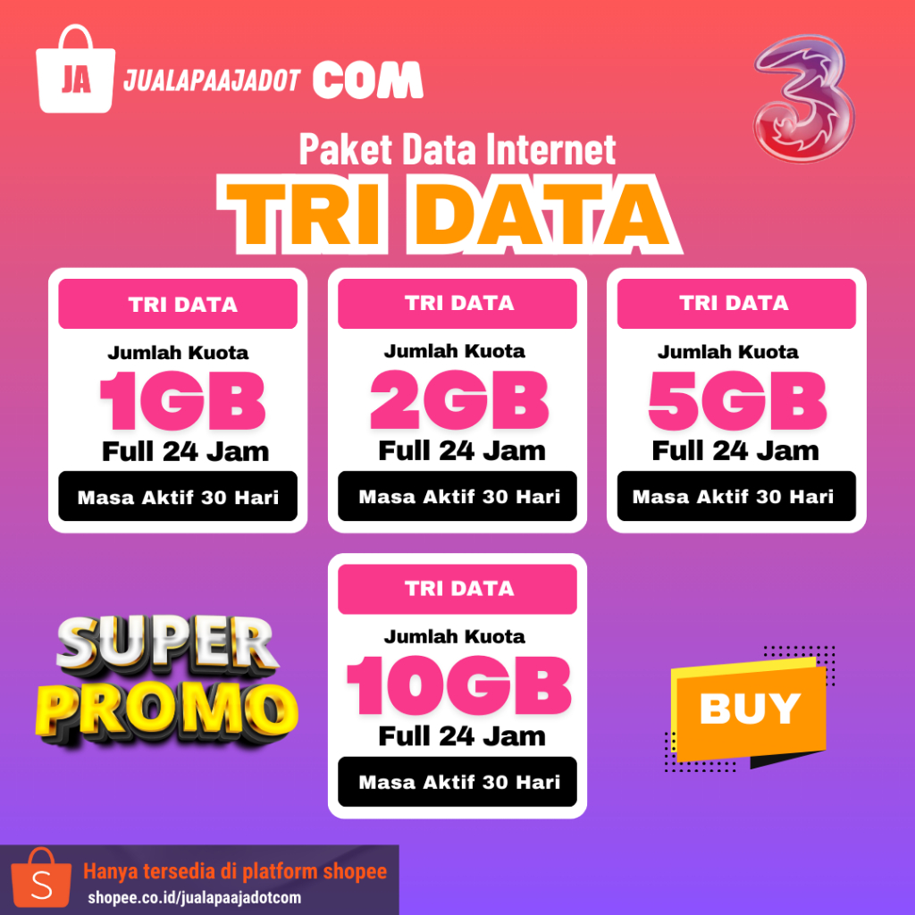 PAKET DATA TRI 1-10 GB | Proses cepat 10 menit