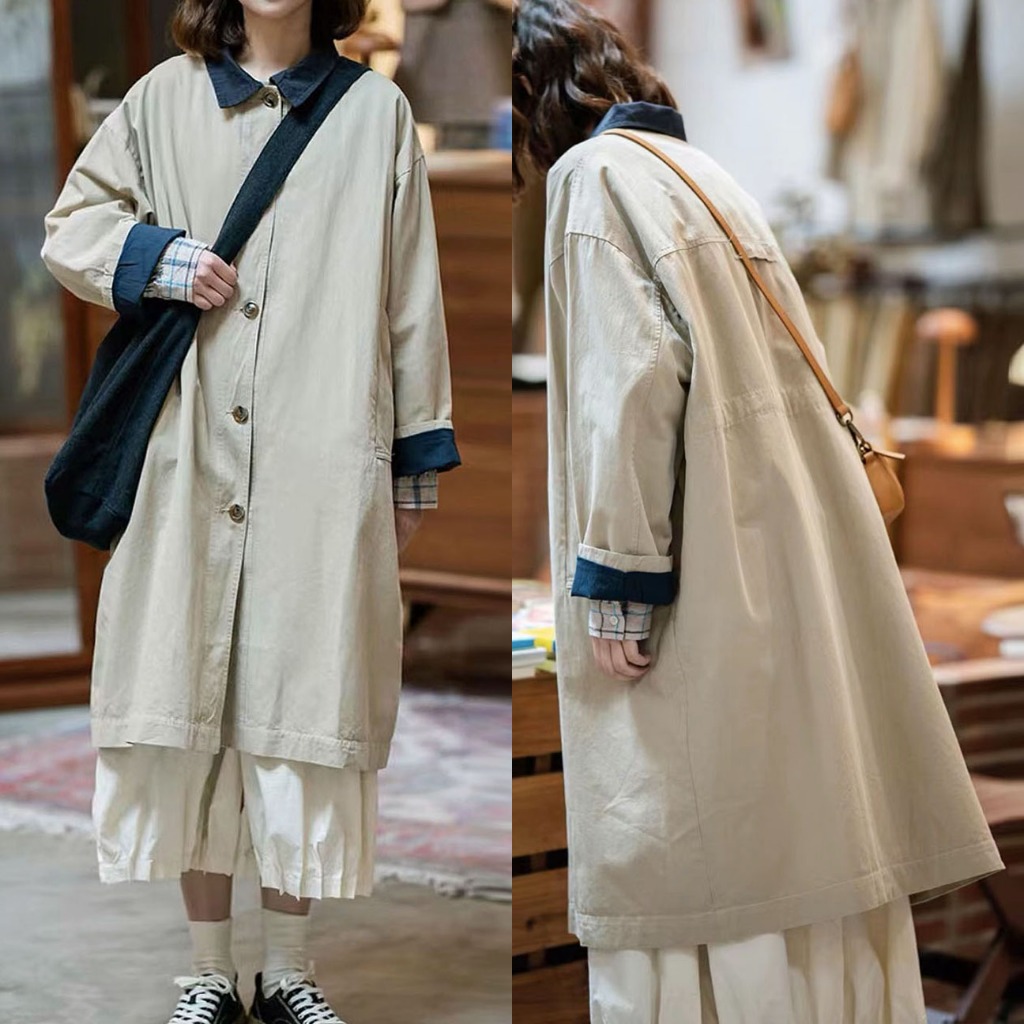 JAKET LONG COAT OVERSIZE KATUN CARGO PREMIUM DUOTONE KREM KHAKI LINING BIRU NAVY KANCING DEPAN KOREA