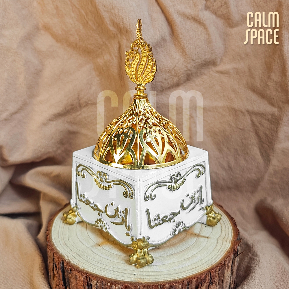 Quixoticquest_Shop Putih Tempat Bakar Dupa Mabkharah Bulat Arab Bahan Resin Hiolo Kuningan Besi Hio