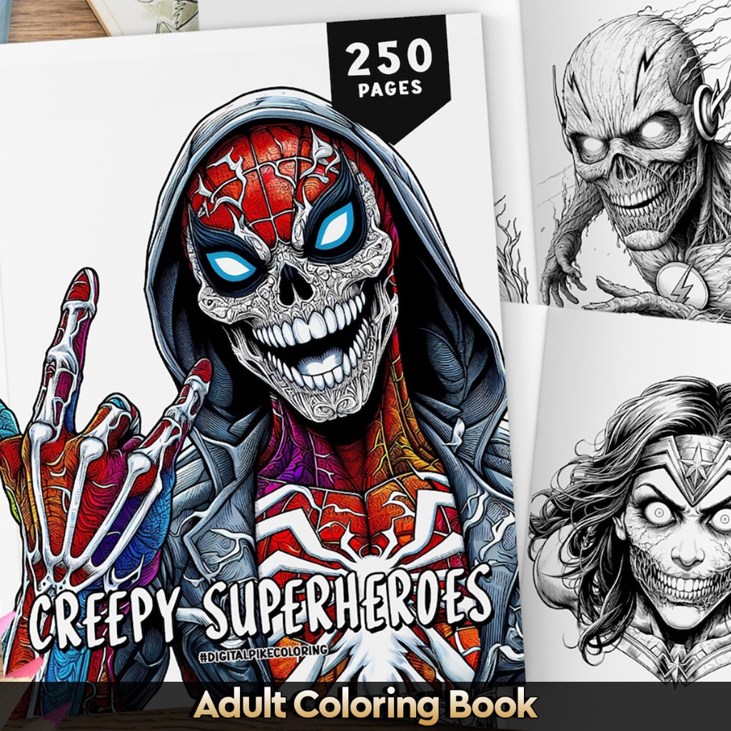 

250 Pages Buku Mewarnai Dewasa - Printable Adult Coloring Book - Digital Download - Creepy Superhero