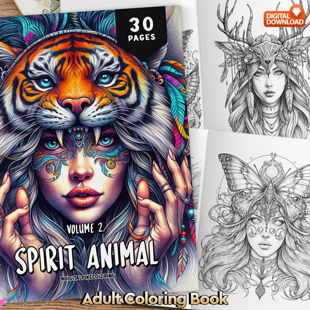 

30 Pages Buku Mewarnai Dewasa - Digital Download - Printable Adult Coloring Book - Spirit Animal 2