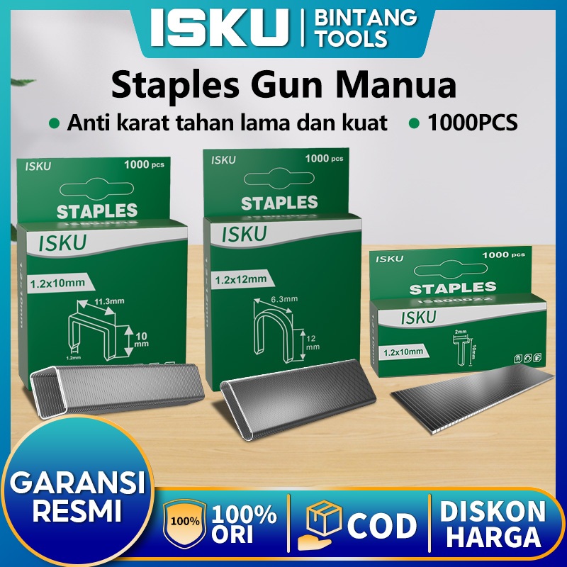 

ISKU Staples Gun Manual/Isi Ulang Refill Staples 1000pcs 1.2*10mm Perkakas Isi Stapless Tembak Gun Tacker