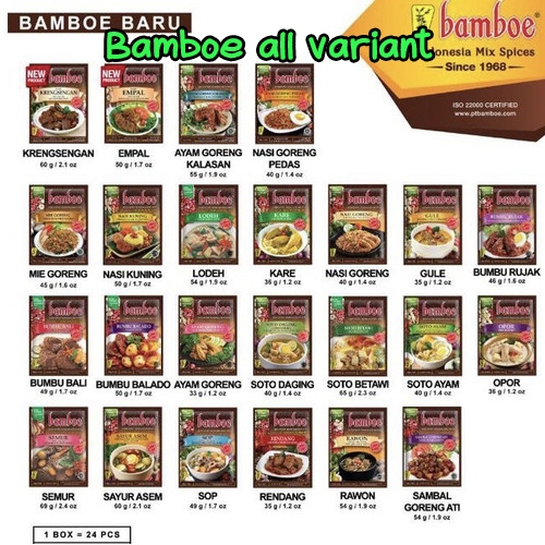 

Bamboe Bumbu Racik / Bumbu Masak Instant all Varian 60gr / TOM YUM/ RENDANG / SOP / LADA HITAM HALAL