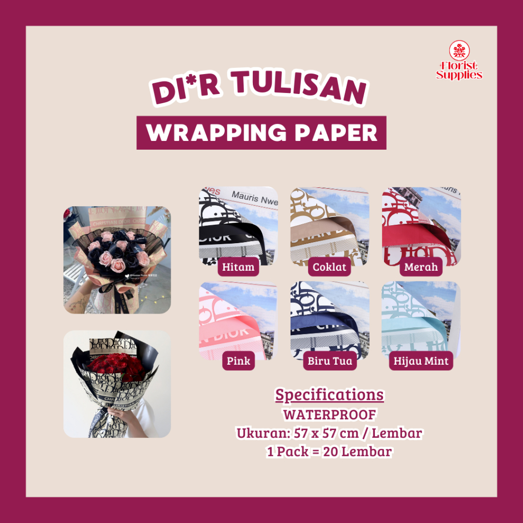 

Flower Wrapping Paper Motif Merek Di*r Tulisan Kertas Buket Bunga Cellophane Pembungkus Buket Bahan Buket Bunga Mewah Kertas Kado