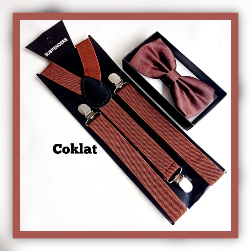 SUSPENDER DAN DASI KUPU KUPU PRIA WANITA DEWASA WARNA COKLAT