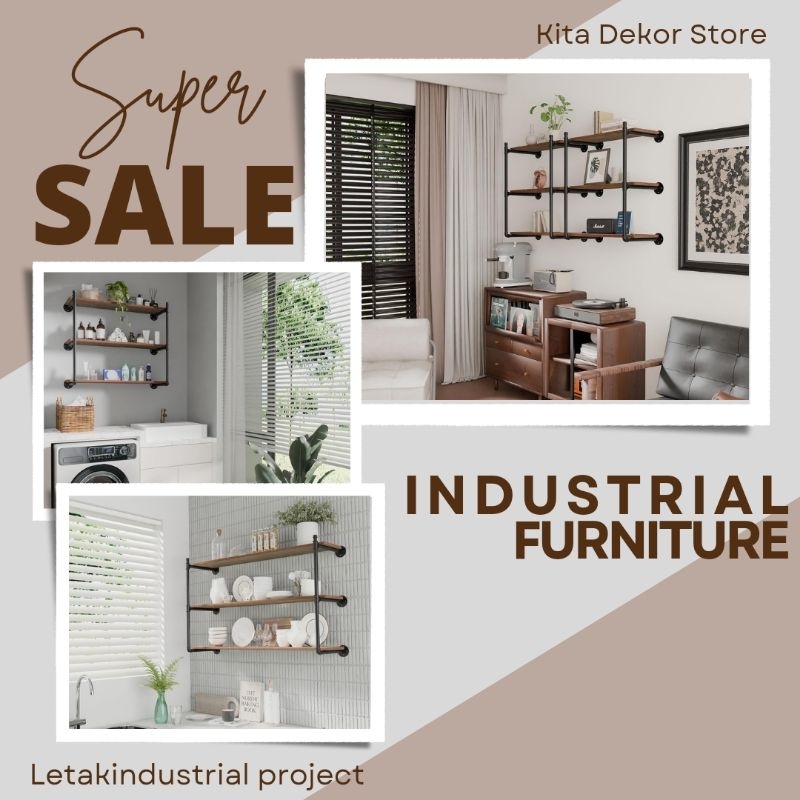 Rak Dinding Kayu Industrial / Rak Dinding Besi Pipa Industrial / Rak Gantung 3 Ambal