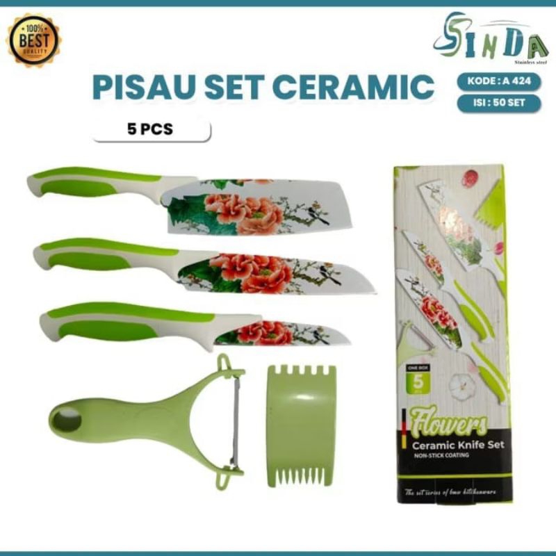 pisau set motif bunga flower kitchen knife set 5 pcs pisau dapur promo