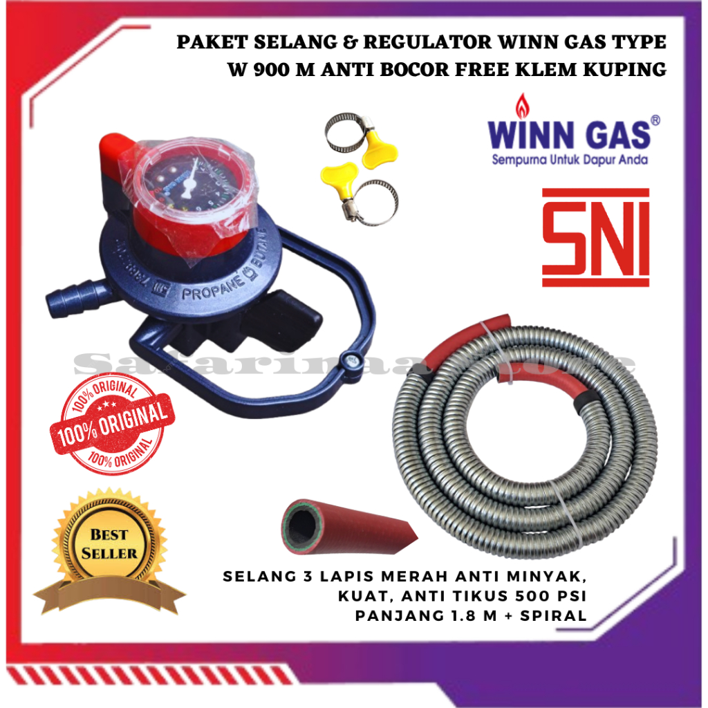 PAKET REGULATOR GAS LPG WINN GAS TYPE W 900 M / NM SET SELANG GASCOMP 3 LAPIS 500 PSI FREE KLEM