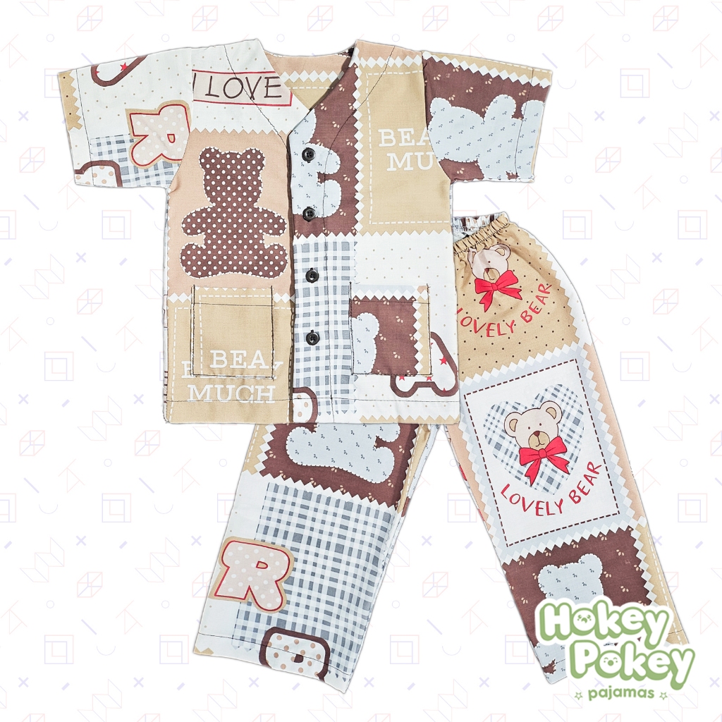 Setelan Baju Tidur Piyama Anak Tanpa Kerah Motif Bear Kotak