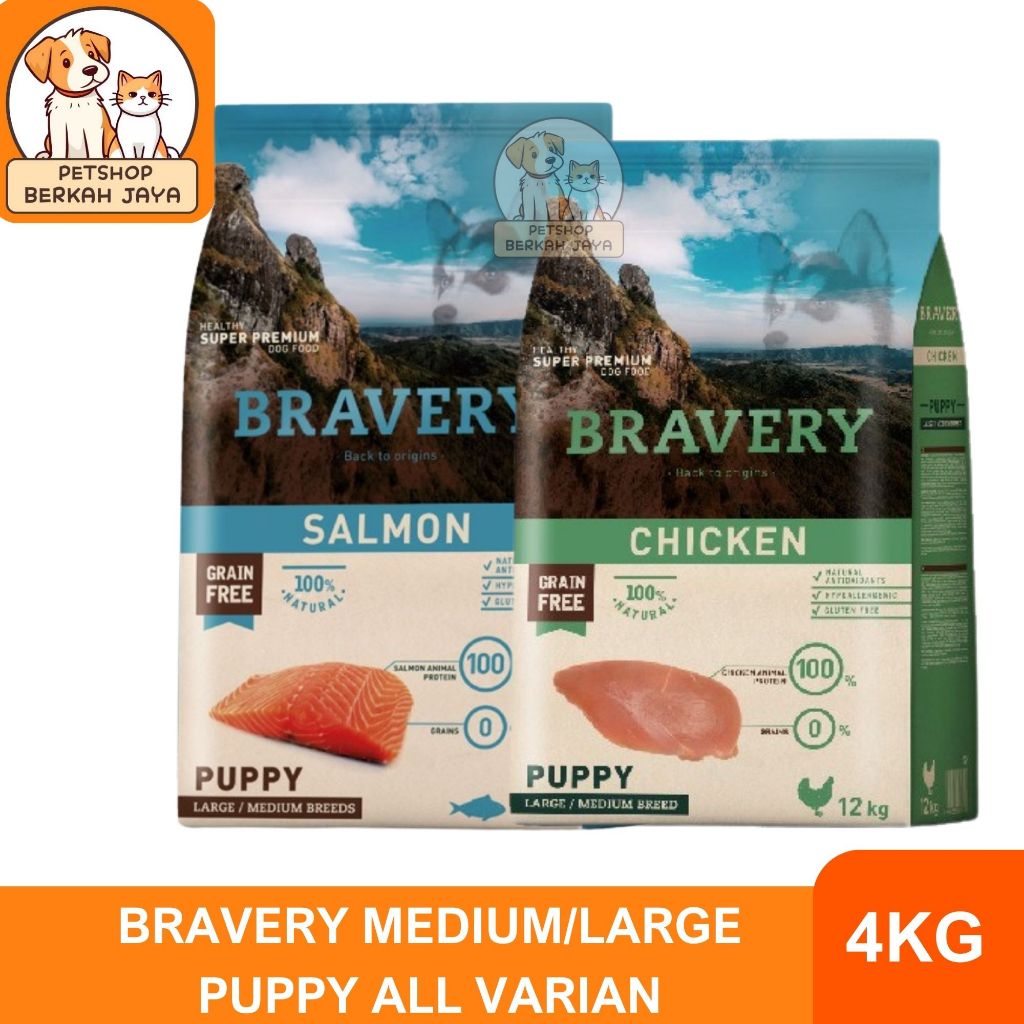 BRAVERY MEDIUM LARGE PUPPY 4KG - Dog Food Makanan Anak Anjing Rasa Chicken Salmon Kering / Dry Dogfo