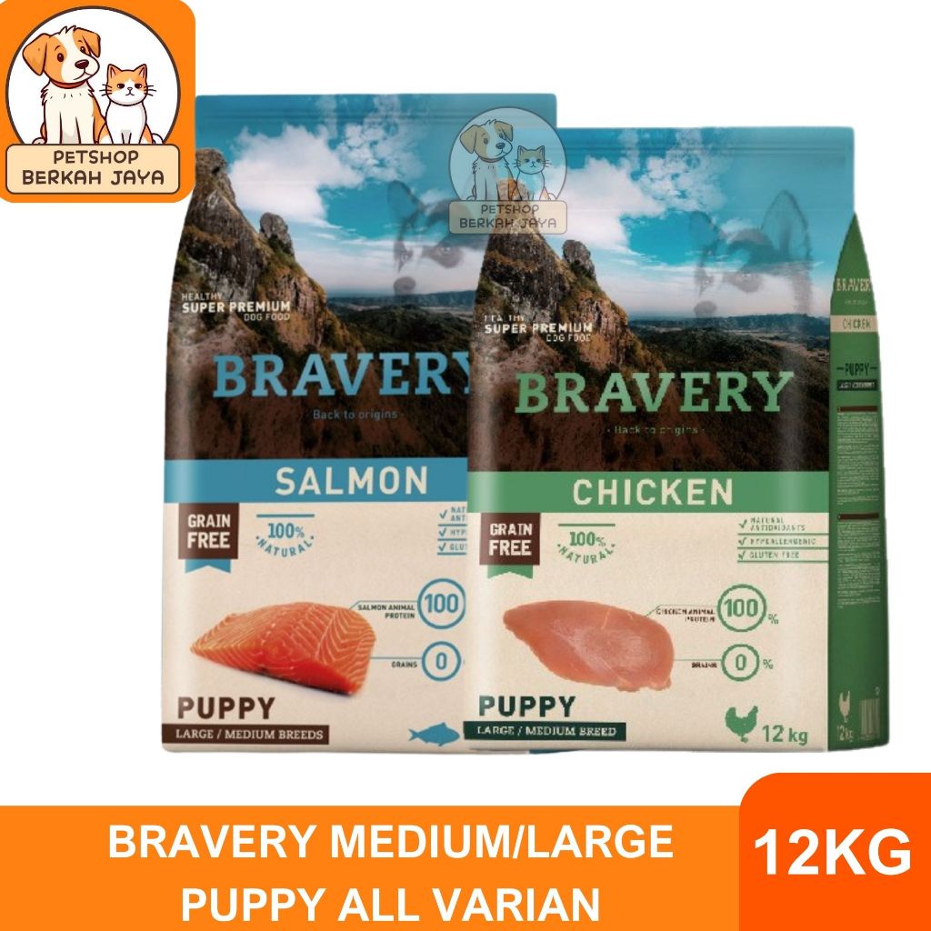 KHUSUS EKSPEDISI BRAVERY MEDIUM LARGE PUPPY 12KG - Dog Food Makanan Anak Anjing Rasa Chicken Salmon 