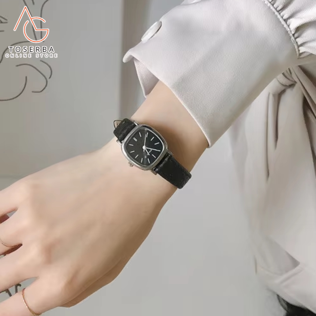 Jam Tangan Wanita Pria Casual Retro Segi Empat Analog Quartz Strap Kulit PU