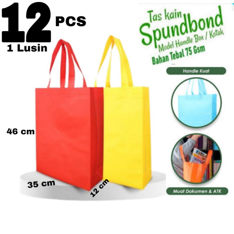 

1 Lusin Tas Kain Spunbond Goodiebag Handle Alas Box HBPA Ukuran 35x46x12 cm Souvenir, Ulangtahun, Taskado, Sembako, Belanja, Kantong, Belanja, Goodiebag, polos