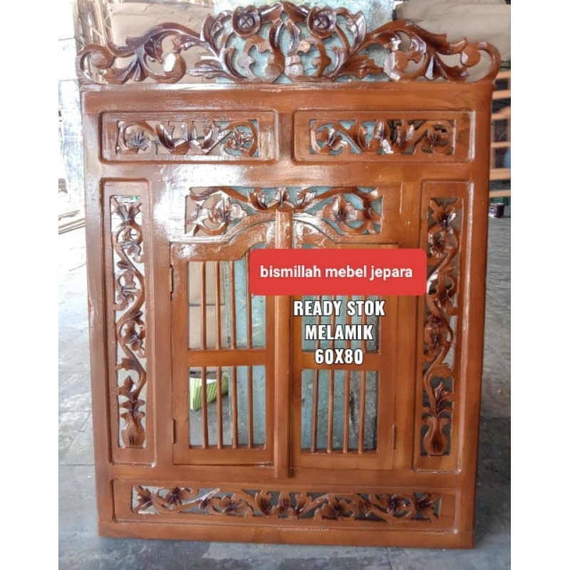 READY STOK cermin jendela ukir krepyak jati 60x80 (packing free bubble warp)