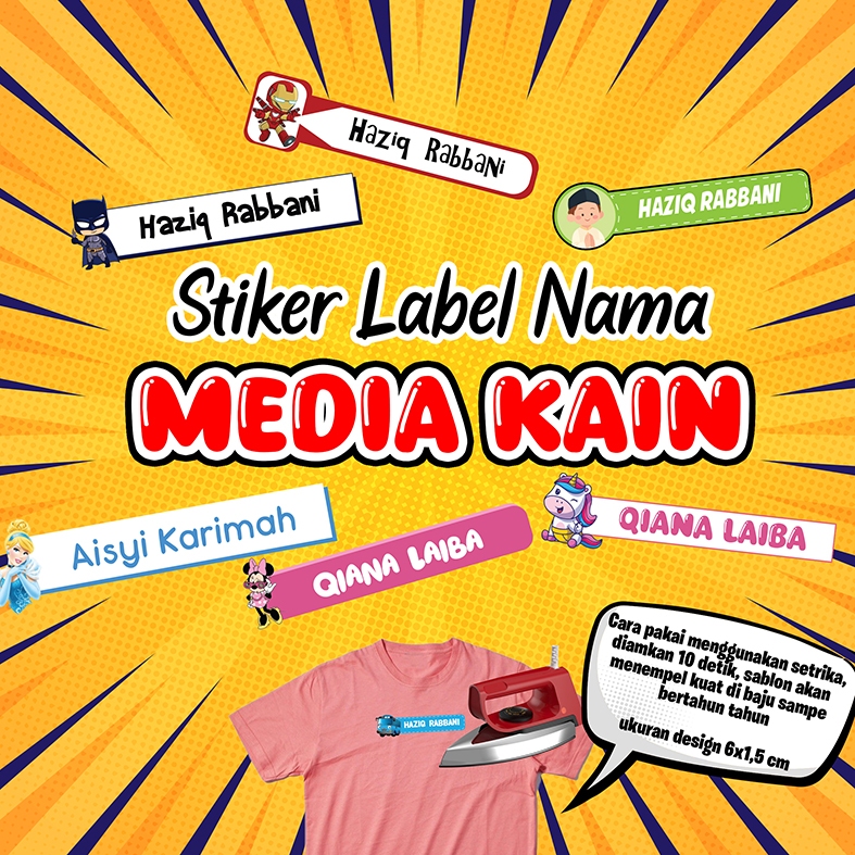

Stiker Kain Karakter Sablon Setrika Label Nama DTF Custom