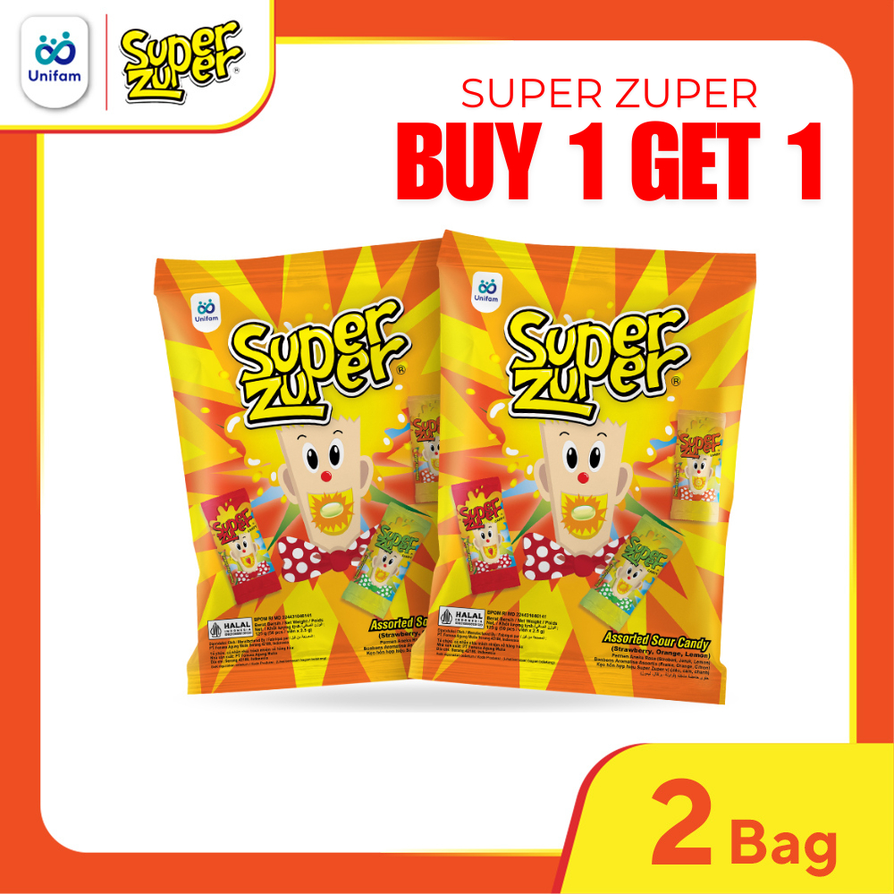 

BUY 1 GET 1 Super Zuper Permen Asem Rasa Buah Bag - Sour Candy Mix 1 Bag (Isi 50 Pcs) @2.5 Gram