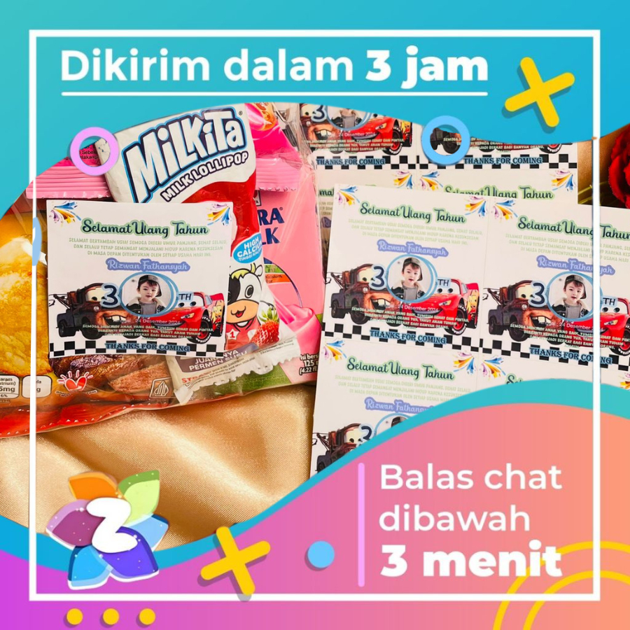 

5-8 Zennida Sticker Ulang Tahun Anak Bentuk Kotak Stiker Undangan Ultah Happy Birthday Uk.Sedang