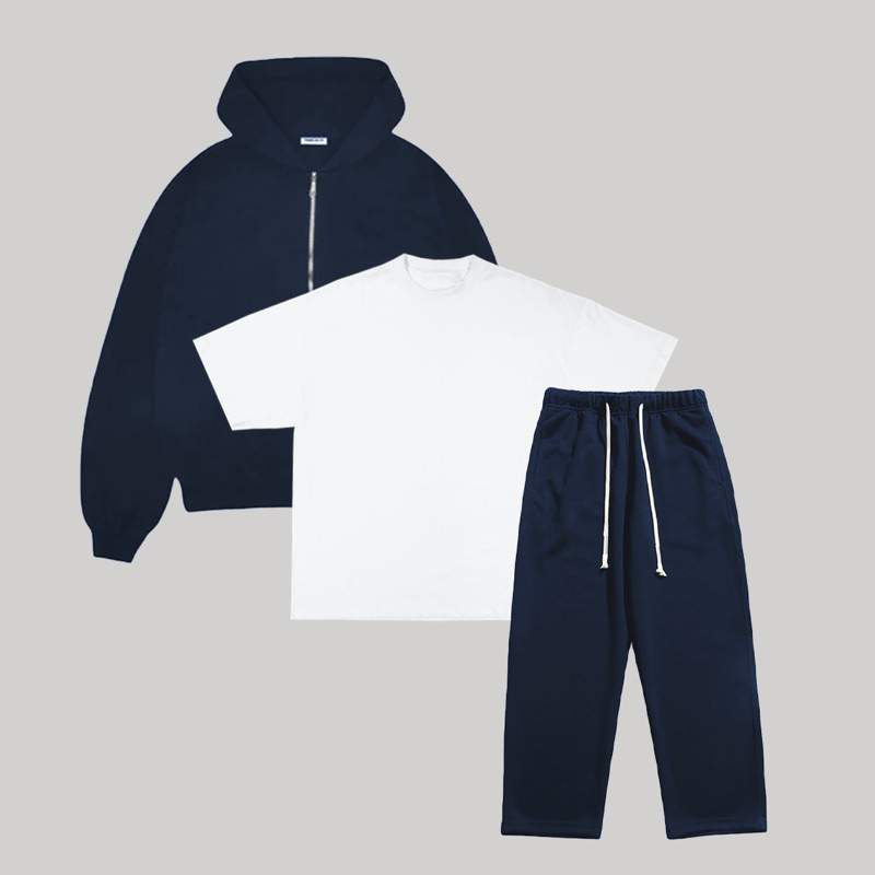 Bundling Package - Zip Hoodie 375gsm, White Boxy Tshirt 235gsm, Sweatpants 375gsm