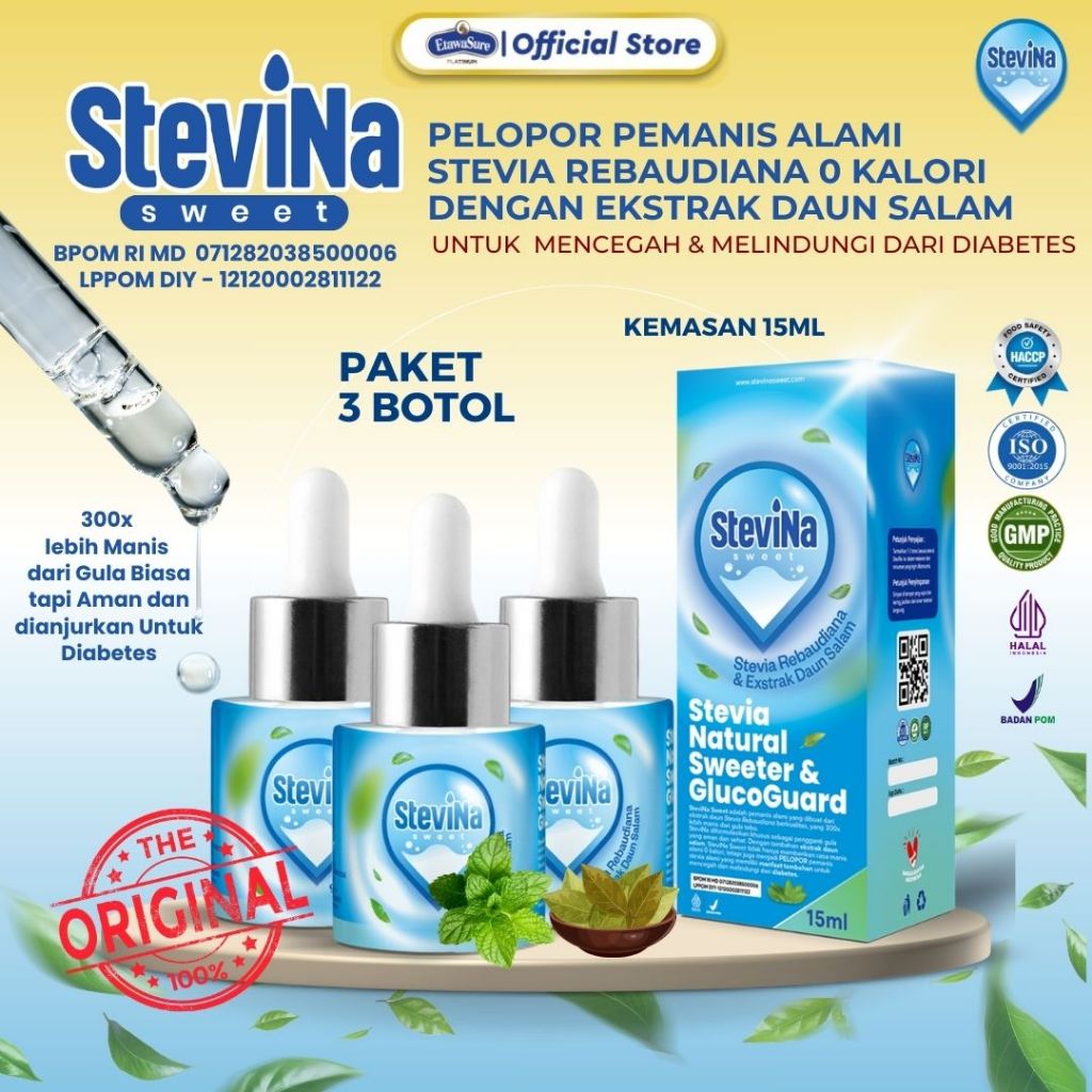 

Stevina Sweet Pemanis Stevia Alami 0 Kalori plus Herbal Daun salam Pengganti Gula untuk Penderita Hipertensi Kemasan 3 botol 15ml/botol