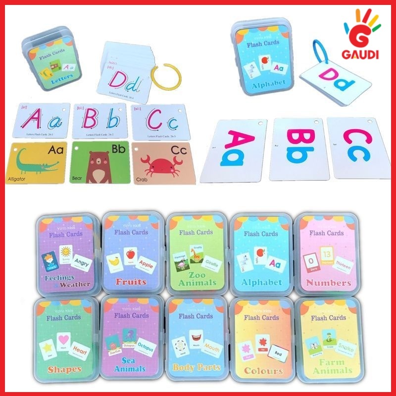 Gaudi Flash Card Edukasi Anak/Belajar Alfabet Membaca Abjad Huruf Angka Bentuk Warna Gambar Hewan Bi