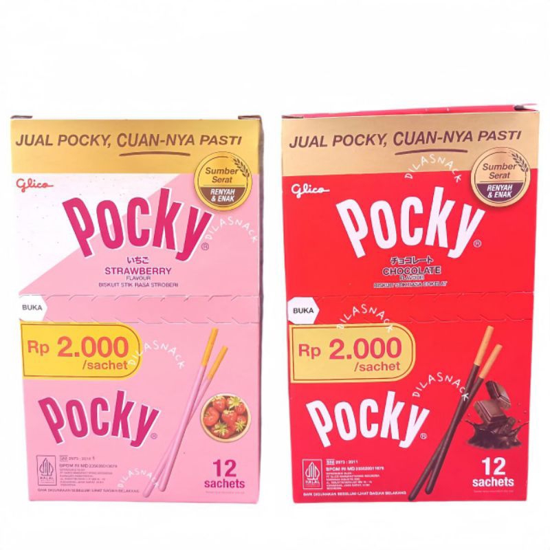 

Biskuit Glico Pocky 1 box isi 12 saset Pocky 1 kotak Poky poki biskuit stik Pocky coklat rasa stroberi strawberry Pocky kemasan saset