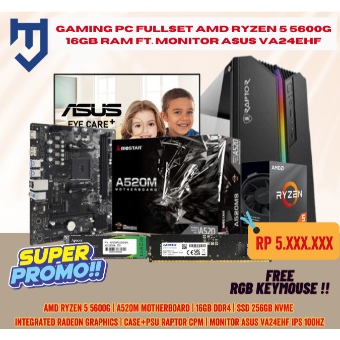 Gaming PC FullSet AMD Ryzen 5 5600G 16GB RAM ft. Monitor ASUS VA24EHF