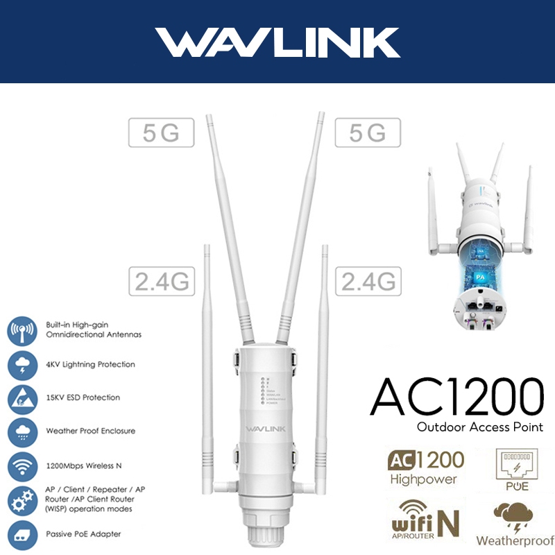 WAVLINK AC1200 Titik Akses Luar Ruangan Router Nirkabel Router Wifi Dual Band 4 Antena Terarah Route