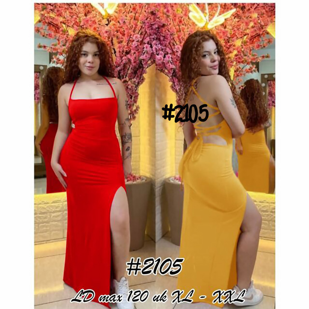 2105 Dress Panjang Wanita Dewasa Imlek Natal Tahun Baru Merah dan Kuning - Gaun Sexy Backless Bahan 