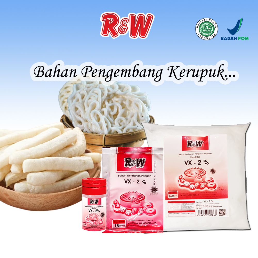 

Pengembang Kue VX 2% - Rajawali R&W RW 500g :, Kegunaan : untuk mengembangkan adonan segala roti, kue kering, kue basah, atau segala bahan pengempuk