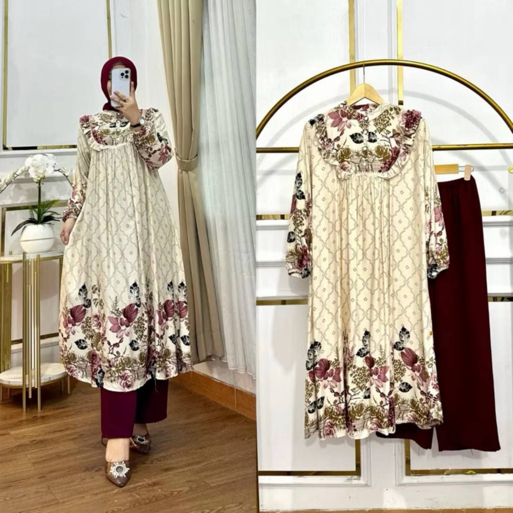 Premium Setelan Long Tunik Wanita Terbaru Namira Long Tunik Bahan Rayon Diamond Mix Crinkle