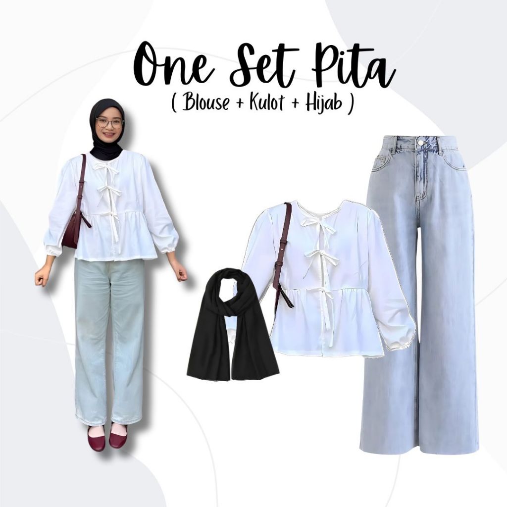 One Set 3in1 Blouse Putih Kulot Jeans Hijab Pashmina | otfit wanita kampus SK47