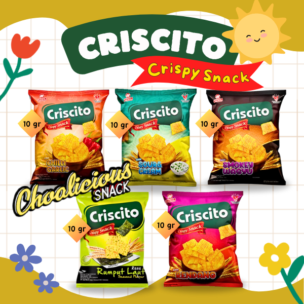 

CRISCITO Crispy Snack Rasa Chilli Garlic/Sour Cream/Smokey Wagyu/Rumput Laut/Rendang Makanan Ringan @10 gr